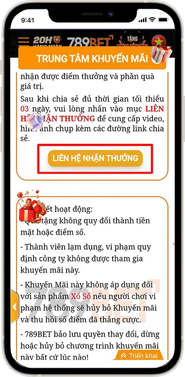 Bước 3: Chọn '' LIÊN HỆ NHẬN THƯỞNG''